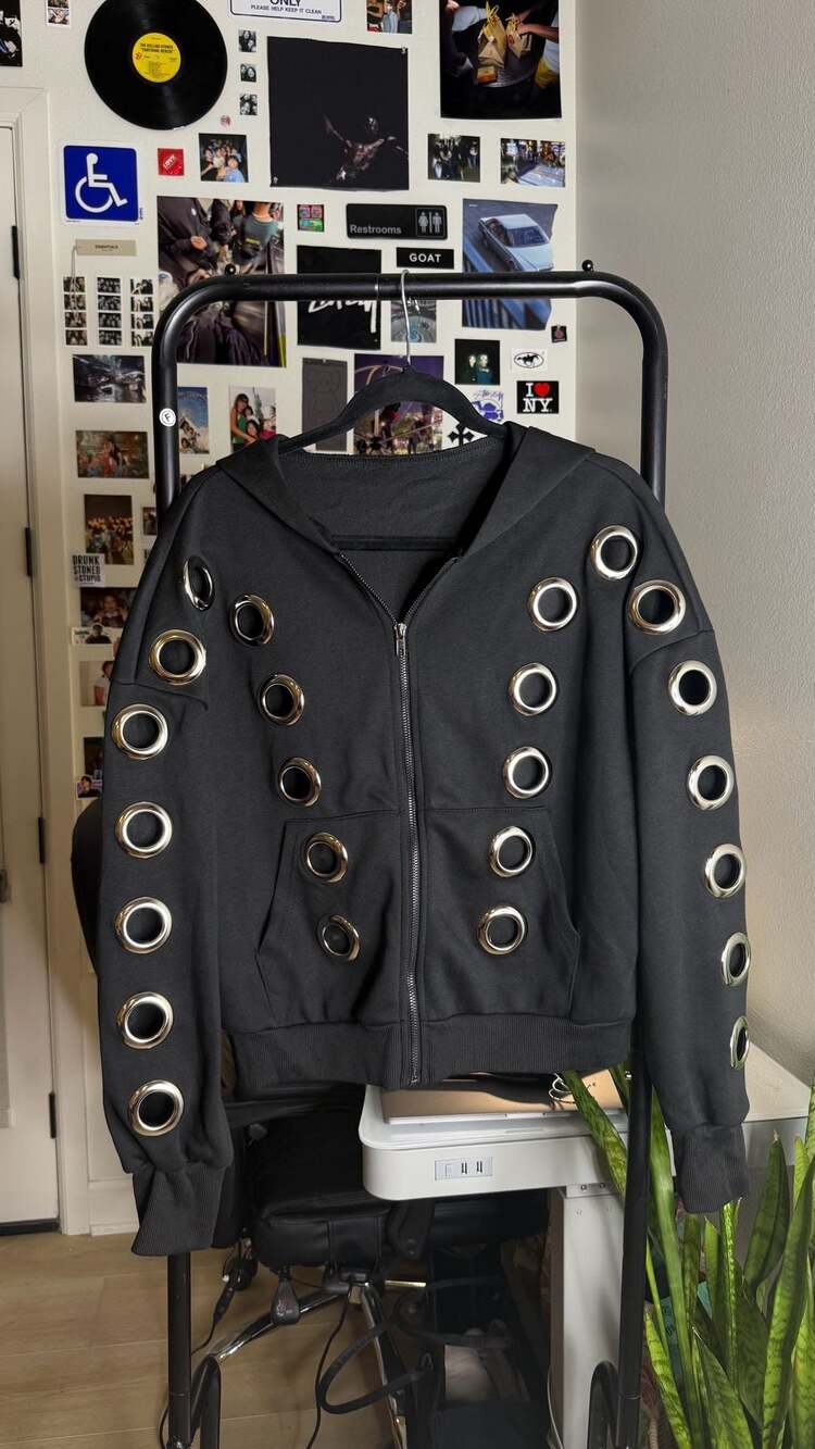 Unisex Black and Silver Grommet Eyelet Zip-Up Hoodie Sweatshirt with Hood